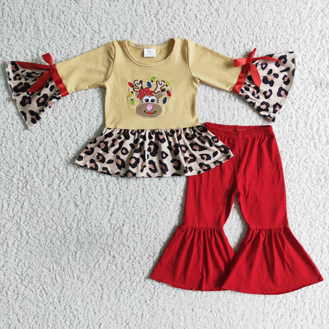 GLP0011 Christmas Leopard Red Embroidery Deer Girl's Set