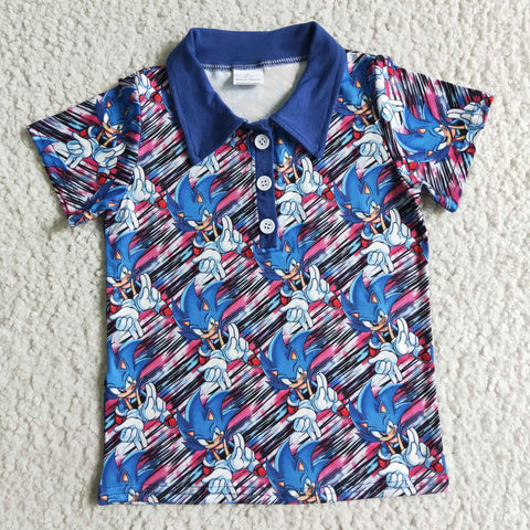 Boy's Blue Cartoon Short Sleeves With Buttons Shirt Top