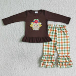New Brown Embroidery Scarecrow Plaid Cute Girl's Set