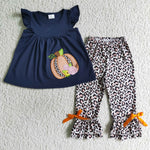 Halloween Embroidery Pumpkin Flower Navy Leopard Girl's Set