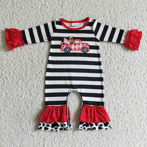 Christmas Embroidery Cow Car Stripe Baby Cute Girl's Romper