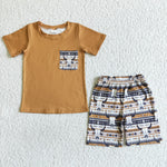 BSSO0073 Summer Western Cow Bull Stripe Boy's Shorts Set