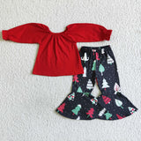 SALE 6 A24-5 Girl's Clothing Outfits Christmas Red Shirt Tree Print