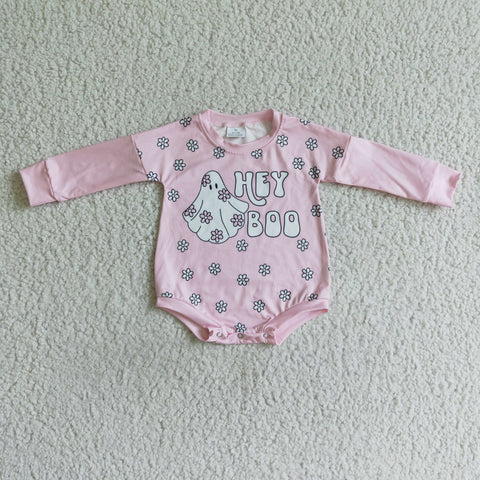 Halloween Long Sleeves Ghost HEY BOO Pink Baby Bubble Girl's Romper