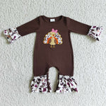 Thanksful Embroidery Turkey Brown Leopard Baby Cute Girl's Romper