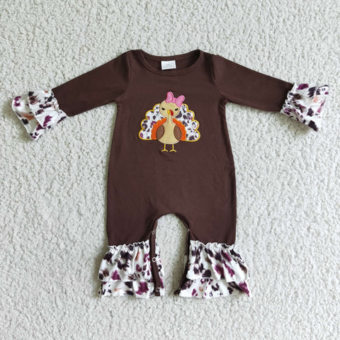 Thanksful Embroidery Turkey Brown Leopard Baby Cute Girl's Romper