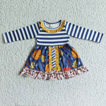 SALE GLD0021  Pumpkin Flower Stripe Long Sleeves Girl's Dress