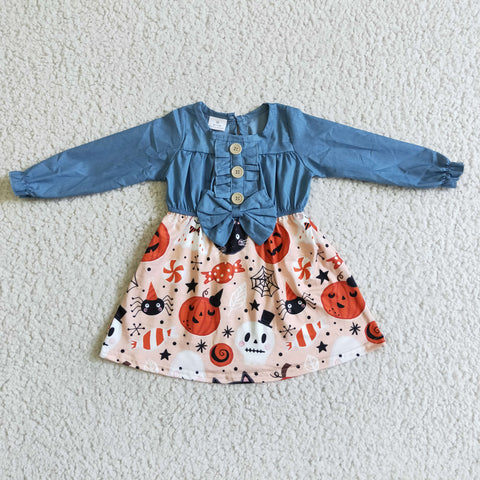 Halloween Pumpkin Denim Bow Long Sleeves Girl's Dress