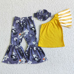 SALE GSPO0138  Halloween Pumpkin Skull Orange Stripe Bow Girl's Set
