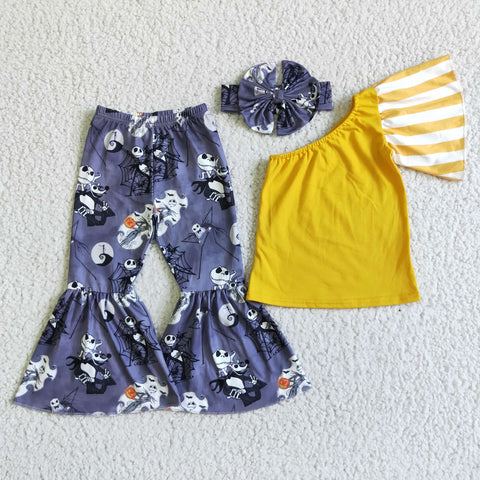 SALE GSPO0138  Halloween Pumpkin Skull Orange Stripe Bow Girl's Set