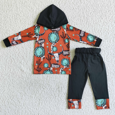 SALE BLP0031 Howdy Western Skull Bull Black Hoodie Boy's Set