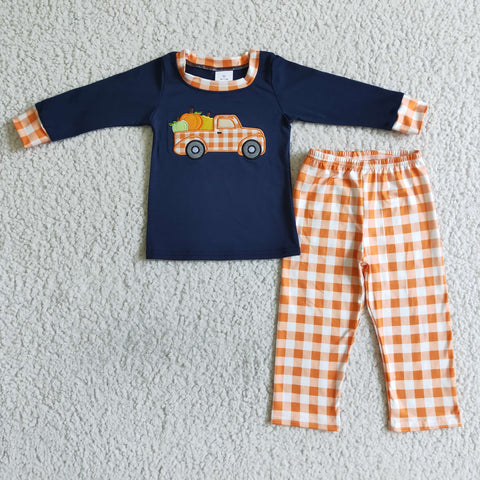 Halloween Embroidery Pumpkin Car Orange Plaid Boy's Set