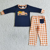 BLP0002 Halloween Embroidery Pumpkin Car Orange Plaid Boy's Set