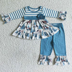 GLP0019 Boutique Horse Flower Blue Stripe Girl's Set