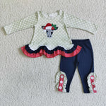 GLP0036 Christmas Embroidery Cow Blue Girl's Set