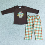 New Brown Embroidery Scarecrow Plaid Cute Boy's Set