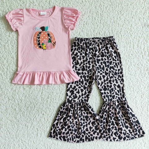 Embroidery Embroidery Pumpkin Flower Pink Leopard Girl's Set
