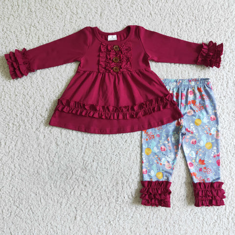Girl's Fuchsia Red Floral With Buttons Ruffles Colorful Outifts