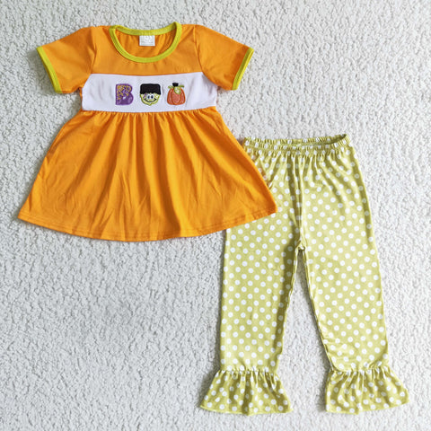 GSPO0119 Halloween Embroidery Pumpkin BOO Orange Dots Girl's Set