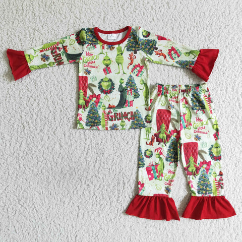 GLP0142 Christmas Green Tree Cartoon Red Girl's Set Pajamas