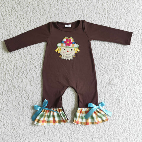 LR0035 New Brown Embroidery Scarecrow Plaid Cute Baby Cute Girl's Romper