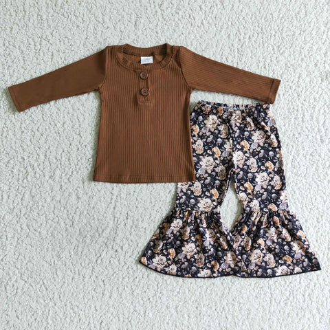 Boutique Brown Ribbed Top Flower Print Girl's Set