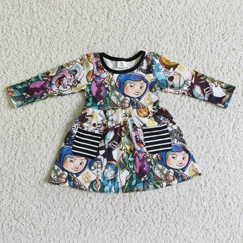 SALE GLD0047 Halloween Pumpkin Cartoon Black Girl's Dress With Pockets