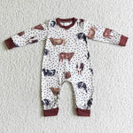 LR0058 Western Cowboy Cow Dots Brown Baby Cute Boy's Romper