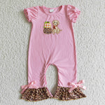 SR0068 Halloween Embroidery Pumpkin Dog Pink Leopard Baby Cute Girl's Romper