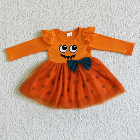 Halloween Orange Dots Tulle With Bow Girl's Dress