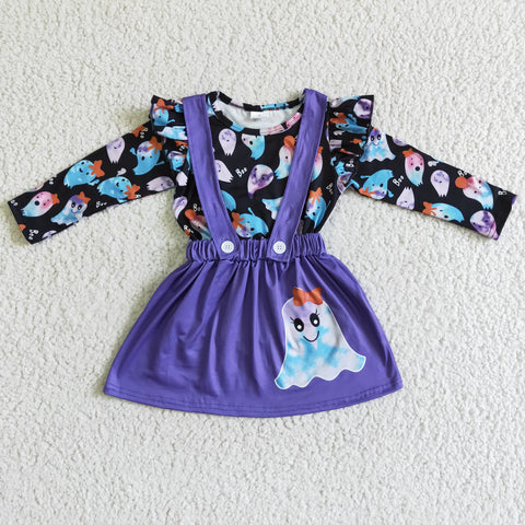 Halloween Ghost Tie Dry Purple Overalls Cute Girl's Skirt Set