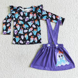 Halloween Ghost Tie Dry Purple Overalls Cute Girl's Skirt Set