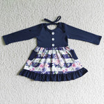 SALE GLD0052  Flower Navy Blue Stripe With Pockets Girl's Dress