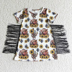 SALE GSD0084 Fashion Western Sunflower Cactus With Tassel Girl's Dress