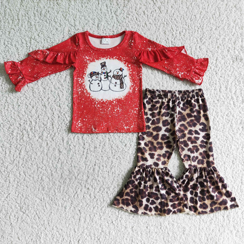 Winter Snowman Red Leopard Ruffles Girl's Set