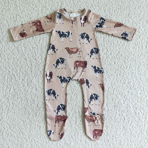 Western Brown Cow Zipper Sleepers Cute Baby Girl's Boy's Romper