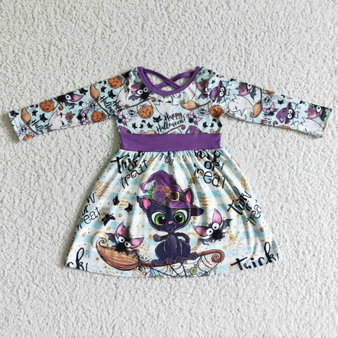 Halloween Bat Cat Pumpkin Flower Purple Cute Long Sleeves Girl's Dress