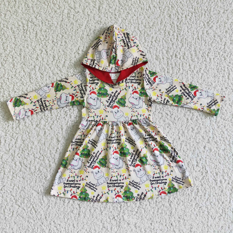 GLD0076 Christmas Hippo Trees Cute Hoodie Girl's Dress