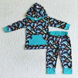 SALE BLP0055 Dinosaur Rocket Cute Green Blue Hoodie Boy's Set