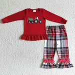 GLP0063 Christmas Embroidery Tree Truck Red Plaid Girl's Set