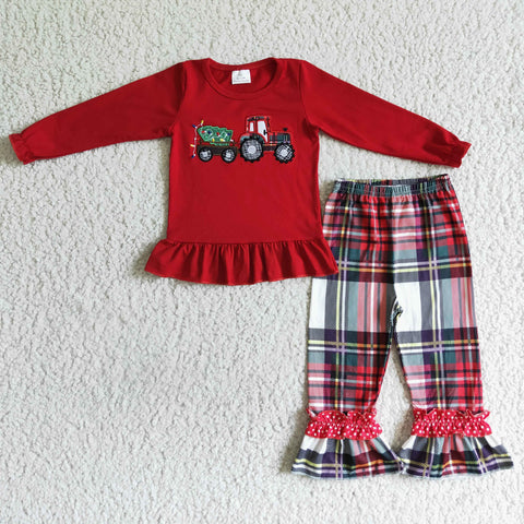 GLP0063 Christmas Tree Truck Red Plaid Girl's Set