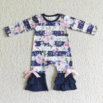 SALE LR0063  Flower Navy Blue Stripe Cute Baby Girl's Romper