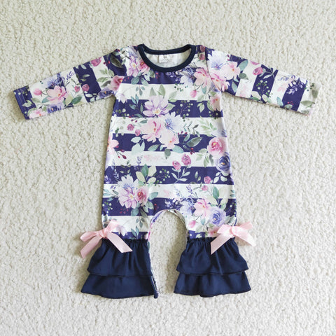 Flower Navy Blue Stripe Cute Baby Girl's Romper