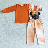 GLP0067 Castle Mouse New Pumpkin Orange Plaid Overalls Cute Girl's Set