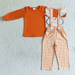 GLP0067 Castle Mouse New Pumpkin Orange Plaid Overalls Cute Girl's Set