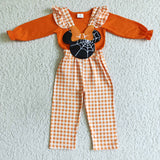 GLP0067 Castle Mouse New Pumpkin Orange Plaid Overalls Cute Girl's Set