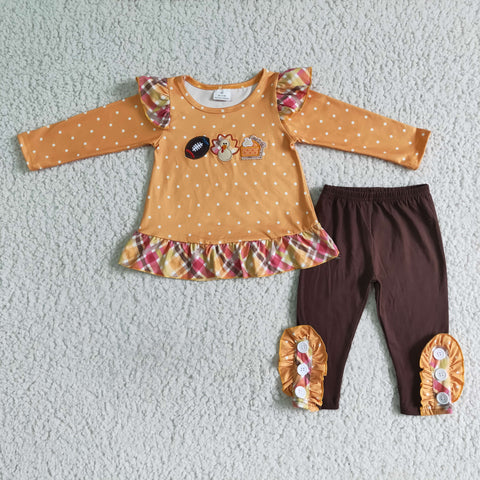 Thanksgiving Embroidery Turkey Brown Girl's Set
