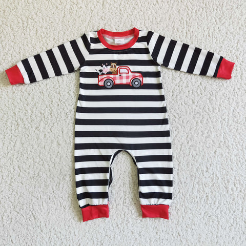Christmas Embroidery Cow Car Stripe Baby Cute Boy's Romper
