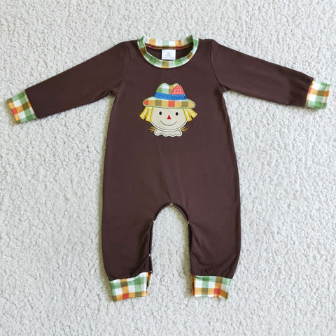 LR0034 New Brown Embroidery Scarecrow Plaid Cute Baby Cute Boy's Romper