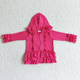 Bright Pink Solid Color Ruffles Hoodie Girl's Coat